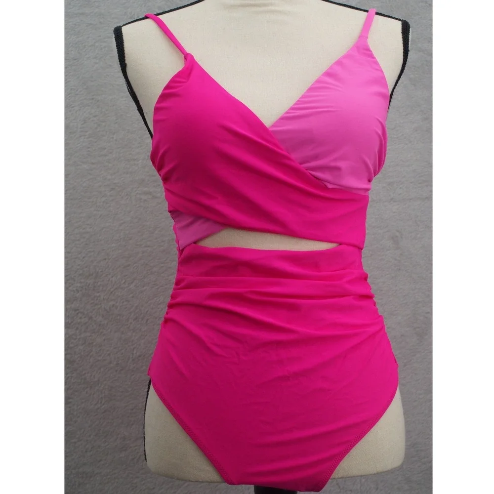 Blooming Jelly Womens Pink Colorblock Cutout Ruched One Piece Swimsuit Med NWT